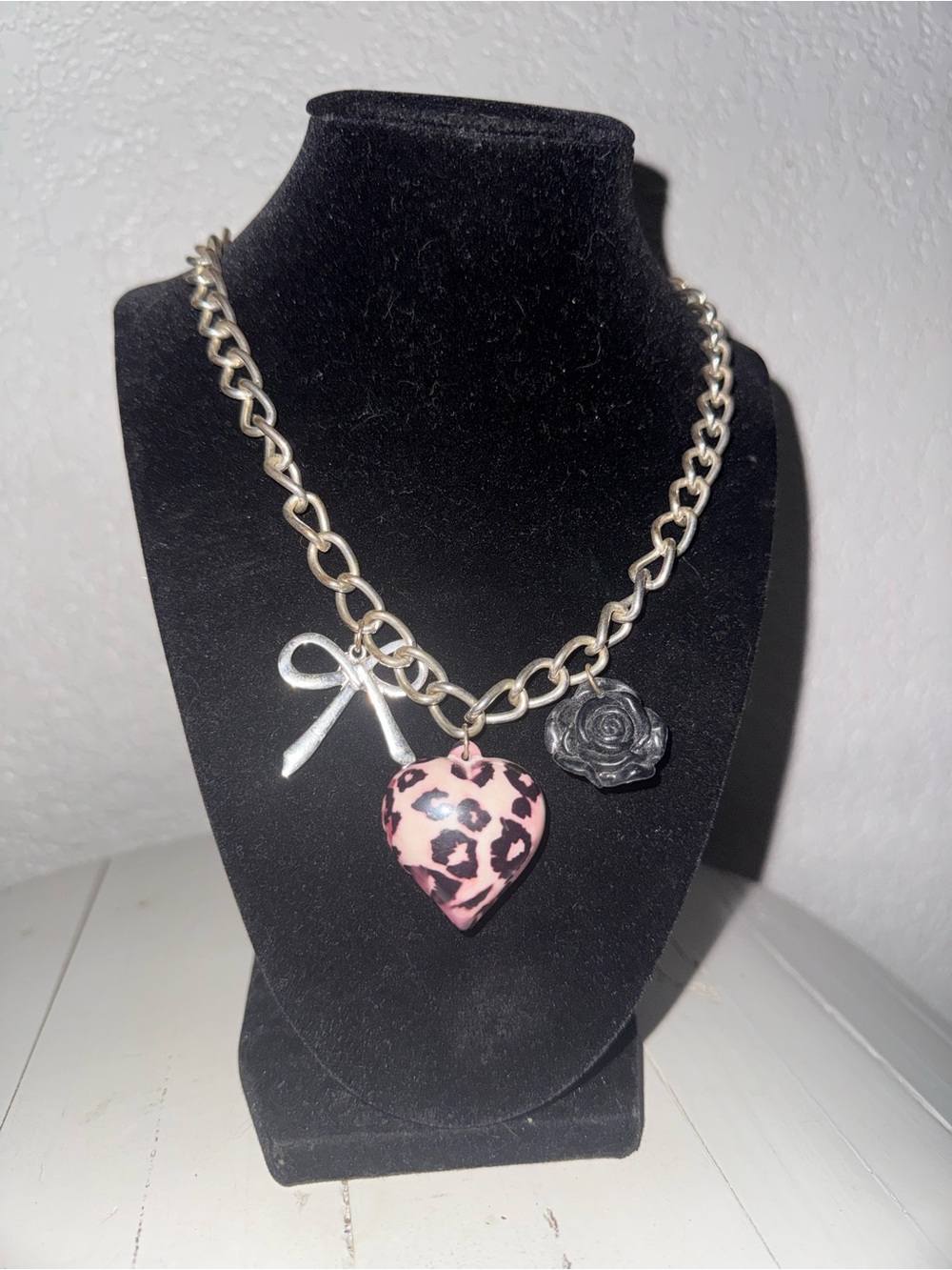 Pink Leopard Heart Charm Necklace with Silver Accents - Women Jewelry
